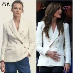 Nwt! Zara Tweed Textured Double Breasted Blazer Jacket Ecru Gold Buttons Size Large Worn Twice By The Princess Of Wales Kate Middleton To Date, During A Visit To Derby In February 2023 And At The Stade De Marseille, To Watch The Rugby In October 2023. Size: Large Color: Ecru/ Ivory/Warm White (Not On Tag) Approx. Measurements: Flat (See Photos) Pit To Pit: 18" Length: 27" Self:34% Cotton 32% Acrylic, 29% Polyester, 5% Viscose Lining:100% Acetate Fabric Type: Tweed Features: Double-Breasted, Coll Elegant White Tweed Jacket For Fall, White Classic Long Sleeve Tweed Jacket, White Tailored Tweed Jacket For Office, White Tweed Jacket For Fall Formal Events, White Tweed Jacket For Formal Fall Occasions, White Single-breasted Tweed Jacket For Office, Chic White Single-breasted Tweed Jacket, White Fitted Long Sleeve Tweed Jacket, Elegant Long Sleeve Tweed Jacket For Spring