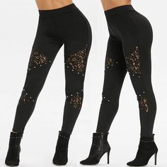 Flaunt those curves ladies with these absolutely perfect floral lace leggings. Featuring an elastic waist, a form-fitting feel and lace mesh inserts. These leggings pair perfectly with heels or boots, add a bodysuit and you are ready to rock this fabulous look. Made with a polyester blend for comfort and style. Studded Leggings, Ladies Leggings, Cheap Leggings, Casual Leggings, Lace Leggings, Hip Style, Slim Trousers, Lace Splicing, Flower Lace