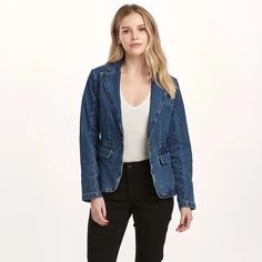 Denim blazer jacket, long sleeve with button closures, seams & center back vent, flap pockets & darts for shape support. Dark wash denim on standard fit. Body length from HPS: 26", Sleeve length: 24", Bust: 36" (Size Small) 99% COTTON 1% SPANDEX Machine wash cold, Tumble dry low. Notch Lapel Denim Jacket For Workwear, Classic Denim Button-up Blazer, Tailored Denim Blazer With Button Closure, Fitted Denim Blazer With Lapel Collar, Classic Single Breasted Denim Blazer, Fitted Denim Blue Outerwear With Notch Lapel, Tailored Denim Outerwear With Notch Lapel, Tailored Denim Notch Lapel Outerwear, Classic Single-breasted Denim Jacket With Notch Lapel