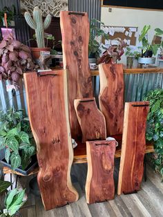 several pieces of wood stacked on top of each other in front of plants and potted plants