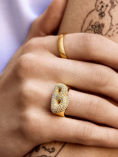 Orders placed through 11/26 11:59pm EST will be delivered by 12/19.Add a signature touch to your ordinary ring stack with the Bubble Initial Ring — featuring the initial of your choice, turned sideways for an unexpected twist. Each letter is crafted in a fun, 3D-inspired bubble font. Choose your initial or that of a loved one and stack it every single day. Bubble Font, Bauble Bar, Bubble Ring, Bar Ring, Opal Ring Gold, Stacking Ring Set, Gold Statement Ring, Jewels Rings, Evil Eye Ring