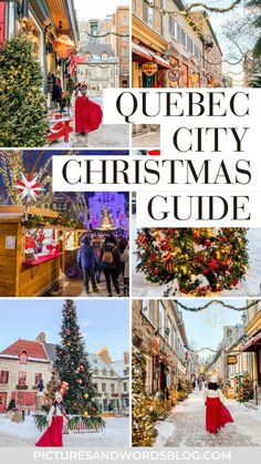 a collage of photos with the words quebie city christmas guide written in different languages