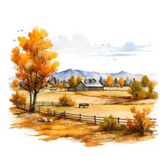 a watercolor painting of a farm with trees and mountains in the background