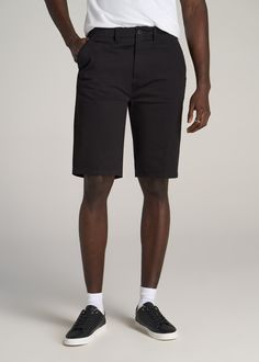 American-Tall-Men-Chino-Shorts-Black-front Casual Black Chinos For Streetwear, Classic Black Chino Cotton Twill Pants, Classic Black Summer Shorts, Casual Black Chino Cotton Twill Pants, Black Relaxed Fit Cargo Shorts For Summer, Classic Black Chinos For Spring, Casual Black Bermuda Shorts For Spring, Black Cotton Chinos For Spring, Classic Black Chinos In Cotton Twill