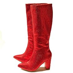 Step Out In These Eye Catching Sparkly Rhinestone Cowboy Boots New In Box Rhinestone Encrusted Uppers Lightly Padded Insole Side Zipper For Easy Shoe Removal Shaft Height: Approx 15 In. Calf Width: Approx 14 In. Heel Height: Approx 3.5 In. Fitting: True To Size. Regular Fit. Rhinestone Cowboy Boots, Rhinestone Cowboy, Red Rhinestone, Shoes Heels Boots, High Boots, Knee High Boots, Lady In Red, Cowboy Boots, Side Zipper