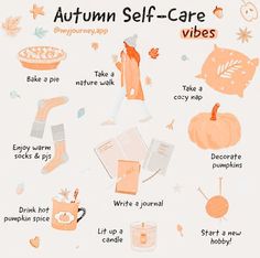 Find more wellness tips and Autumn vibes on my Pinterest page - Hannah Wills Art Autumn self-care vibes - Bake a pie - Take a nature walk - Take a cozy nap - Enjoy warm socks and pjs - Write in a journal - Decorate pumpkins - Drink hot pumpkin spice - Light u a candle - Start a new hobby Cer Nocturn, Herbst Bucket List, Fall Mood Board, Fall Bucket List, Vie Motivation, Fall Feels, Self Care Activities, Autumn Activities