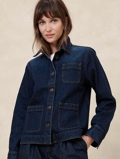 Denim Chore Jacket | Banana Republic Factory Cheap Denim Utility Jacket With Pockets, Affordable Utility Style Denim Jacket With Relaxed Fit, Cheap Button-up Denim Jacket For Work, Cheap Denim Utility Jacket For Workwear, Tshirt Jacket Women, Casual Cheap Denim Utility Jacket, Affordable Dark Wash Relaxed Fit Denim Jacket, Affordable Cotton Denim Jacket With Patch Pockets, Cheap Medium Wash Denim Jacket For Work