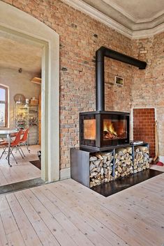 a wood burning stove sitting inside of a living room