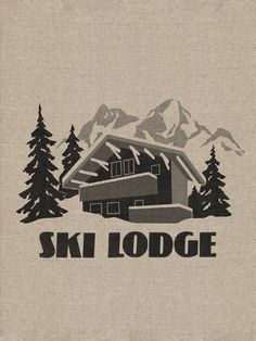 the ski lodge logo is shown in black and white on a tan linen background with pine trees