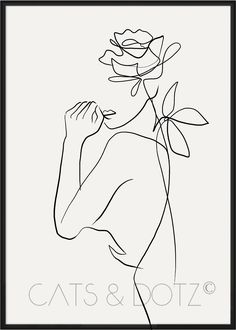 a black and white drawing of a woman holding a rose in her hand with the words cats & botz on it