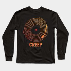 a black long sleeve shirt with the word creep on it and an orange circle in the center