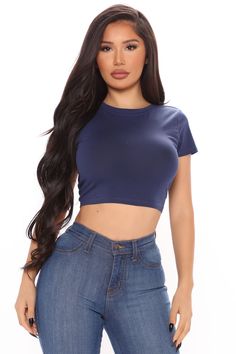 Available In Black, Sexy Ruby, Dark Olive, Heather Grey, Magenta, Mustard, Olive, Dark Red, White, Wine, Pink, Citron, Navy, Sherbet And Cobalt Crew Neck Short Sleeve Crop Top 95% Cotton, 5% Spandex Imported | Robin Crop Top in Navy Blue size XS by Fashion Nova Solid Color Short Sleeve Club Top, Blue Casual Crop Top For Night Out, Casual Blue Crop Top For Night Out, Blue Fitted Crop Top For Night Out, Blue Short Sleeve Top For Night Out, High Waisted Jeans Outfit, Short Sleeve Crop Top, Army Fashion, Fashion Nova Models