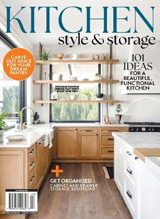 the cover of kitchen style and storage magazine, featuring wooden cabinets with open shelving