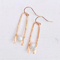 Gold Keshi Pearl Earrings - 14k Gold Filled Dangle Earrings With Keshi Pearl White Hammered Dangle Earrings, White Hammered Dangle Jewelry, Keshi Pearl Earrings, Bar Jewelry, Hammered Earrings, Handmade Wire Jewelry, Handmade Jewelry Designs, Gold Filled Earrings, Keshi Pearls