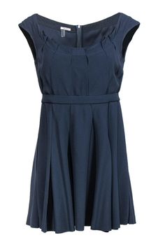 Current Boutique-Miu Miu - Navy Pleated Fit & Flare Dress Sz 10 Miu Miu Sleeveless Spring Dresses, Sleeveless Miu Miu Spring Dresses, Spring Sleeveless Miu Miu Dresses, Sleeveless Miu Miu Summer Dress, Miu Miu Fitted Formal Dresses, Elegant Spring Miu Miu Dresses, Elegant Miu Miu Dresses For Spring, Formal Fitted Miu Miu Dresses, Chic Sleeveless Miu Miu Dress