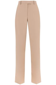 Valentino high-waisted trousers tailored from Techno Weave into a straight and wide leg silhouette, finished with pressed crease, belt loops, and a zip fly with hook tab. The style is completed by slash side pockets and welt back pockets. The model is 177 cm tall and wears a size IT 40. Size Info IT Color Detail Beige Made In Italy Material 100%PL Season One spring Season Two summer Product clothing Brand Valentino Size And Fit Sleek Trousers With Belt Loops, Workwear Pants With Welt Pockets, Classic Spring Pants With Hidden Button Closure, Straight Pants With Welt Pockets For Workwear, Business Casual Pants With Hidden Button Closure, Chic Business Casual Bottoms With Hidden Button Closure, Sleek Straight Pants With Belt Loops, Formal Wide-leg Pants With Belt Loops, Office Straight Leg Pantsuit With Welt Pockets