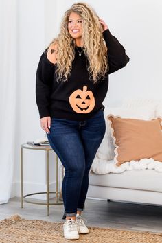 Get ready to show off your playful spirit with this sweater! This black sweater features a fun pumpkin knitting, perfect for adding some quirkiness to your fall wardrobe! Don't miss out on this must-have piece for the fall! 42% Acrylic, 28% Polyamide, 30% Polyester Casual Black Halloween Sweater, Casual Black Sweater For Halloween, Black Knit Sweater For Fall, Casual Halloween Knit Sweater, Spooky Black Long Sleeve Sweater, Spooky Long Sleeve Black Sweater, Pumpkin Knitting, Pumpkin Sweater, Fun Pumpkins