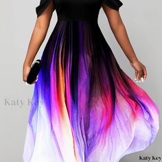 Katykey - Premium Plus Size Womens Casual Dress: Colorblock Ombre Print Maxi A-line Dress with Cold Shoulder and High Stretch Multicolor Patchwork A-line Maxi Dress, Multicolor Knee-length Color Block Dress, Multicolor Color Block Knee-length Dress, Knee-length Multicolor Spliced Dress, Multicolor Knee-length Dress With Splicing, Multicolor Spliced Short Sleeve Dress, Multicolor A-line Maxi Dress For Party, Multicolor Spliced Dresses For Spring, Casual Multicolor Dress With Contrast Details