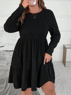 Plus Size Plain Crew Neck Long Sleeve Pleated Minimalist Short Casual Dress Black Casual  Long Sleeve Knitted Fabric Plain A Line Medium Stretch  Women Plus Clothing, size features are:Bust: ,Length: ,Sleeve Length: Plus Size Winter Dresses, Jeans Street Style, Plus Size Winter, Short Dresses Casual, Vestido Casual, Plus Size Kleidung, Long Sleeve Knit, Plus Clothing, Women Clothes Sale