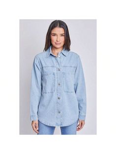 Layering a look has never been easier with our Women's Oversized Shacket with Front Patch Pockets! Made with a soft denim fabric and designed with an oversized fit-silhouette. Featuring two large front pockets, a button-up front, contrast stitching, and a curved hem. Wear this under a basic tee, or wear on its own as a denim shirt. Size up for a more oversized fit.

PRODUCT DETAILS
- Oversized Fit
- Button Closure
- 2 Front Pockets

SIZE & FIT (based on size M)
- Sleeve Length: 24.5"
- Length: 2 Oversized Denim Jacket With Button Closure For Everyday, Everyday Light Wash Denim Jacket With Buttoned Pockets, Everyday Medium Wash Shacket For Fall, Everyday Medium Wash Fall Shacket, Light Wash Collared Denim Jacket With Pockets, Washed Blue Button-up Denim Top With Pockets, Fall Light Wash Button-up Shacket, Everyday Light Wash Shacket For Spring, Washed Blue Denim Jacket For Day Out