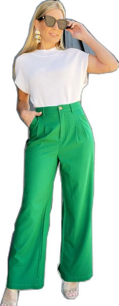 Fashion Forward Straight Leg Pants-Kelly Green - Infinity Raine Trendy Green Solid Color Bottoms, Green Solid Color Wide-leg Pants, High Waist Green Bottoms, Green Solid Wide-leg Pants, Green Casual Pants For Business Casual, Green Solid Color Wide Leg Summer Pants, Green Casual Pants For Business Casual Occasion, Green Solid Color Wide Leg Pants For Summer, Green High-waisted Pants With Pockets