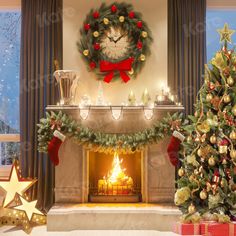 christmas fireplace with wreath and decorations