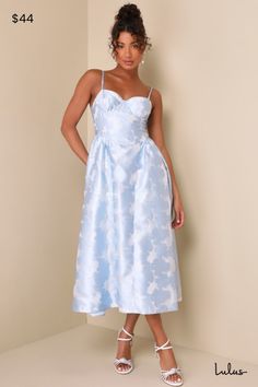 Whether you're a ""plus-one"" or the guest of honor, you'll make a stylish statement with the Lulus Gorgeous Destiny Light Blue Burnout Jacquard Bustier Midi Dress! Lightweight, taffeta-like woven fabric, with a burnout floral jacquard design throughout, shapes this stunning dress that starts with adjustable spaghetti straps, an ultra-romantic sweetheart neckline, and a bustier-inspired bodice with seamed cups and supportive underwire. A flattering Basque-style waist sits atop an elegant A-line Formal Dresses Midi, Light Blue Midi Dress, Bustier Midi Dress, Midi Dress Floral, Brunch Dress, Midi Dress Formal, Bustier Dress, Bridesmaids Dresses, Blue Midi Dress