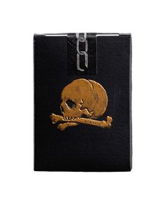 a black wallet with a gold skull and crossbones on the front, hanging from it's side