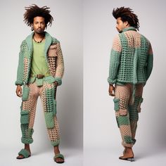 "* This is what happens when you tell your knitting team \"knit something cool, something futuristic\" and here we go! You can wear these Green Crochet Cardigan or if you are stylish enough, anywhere! * Crafted using a combination of crocheting and patchworking techniques.  * It's a great gift; it's probably suitable for festivals and Burning Man and as a great gift for boyfriends and husbands! SIZE and MEASUREMENTS - The model in the picture is wearing L size. The model is 1.90 and 78 kilos. PERSONALIZATION - Note that everything at Smyrna Collective is handmade individually by our creators. So we can do any Size / Design / Color customization that you like! Extra charge difference is applied for orders over L size. CARE - All items should be washed with cold or warm water on hand or wash Granny Square Pants, Patchwork Trousers, Knitted Pants, Crochet Pants, Square Pants, What Happens When You, Burning Man, Crochet Cardigan, Beautiful Crochet