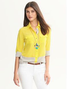 Colorblock Silk Blouse Yellow Blouse With Pockets, Workwear Blouse With Collar And Pockets, Collared Blouse With Pockets For Day Out, Trendy Workwear Blouse With Pockets, Collared Blouse With Pockets For Workwear, Chic Long Sleeve Top With Flap Pockets, Yellow Workwear Tops With Pockets, Chic Blouse With Collar And Pockets, Casual Office Tops With Flap Pockets