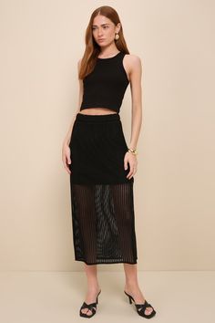 We love spending sunny days soaking up compliments in the Lulus Never-Ending Vibes Black Crochet High-Rise Midi Skirt! Loose crochet knit, atop a matching woven liner, shapes this summery skirt with an elasticized, banded waist that shapes a high-rise fit. The figure-skimming silhouette falls to a sheer lower half that finishes at a modern midi hem. Pair with your favorite crop tops for a festival-ready vibe! Fit: This garment fits true to size. Length: Mid-calf length. Size medium measures 33" Loose Crochet, Knit Midi Skirt, Girl Needs, Black Midi Skirt, Black Crochet, Knit Midi, Black Rib, Bottom Clothes, Knit Skirt