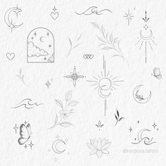 various tattoo designs on paper with watermarks and stars, moon, sun, clouds