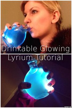 a woman drinking from a blue light up bottle with the words drinkable glowing in it