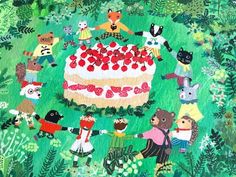 an image of children's birthday cake with cherries on it in the forest