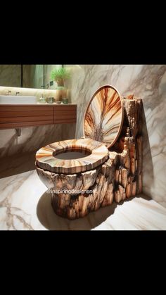 a bathroom with marble walls and flooring, including a wooden toilet seat that is shaped like a tree stump