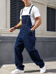 Dark Wash Casual Collar Sleeveless Denim Plain Overall Embellished Non-Stretch  Men Clothing Mens Suspenders Outfit Casual, Men’s Overalls, Jumpsuit Outfit Men, Jeans Outfit For Men, Overalls Men Fashion, Overall Men, Denim Jumpsuit Overalls, Overalls 90s