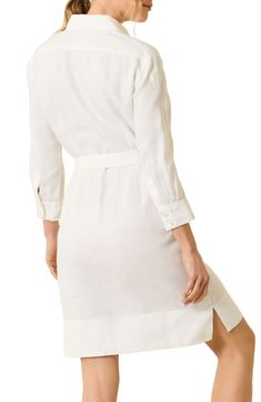 A hidden-button half placket subtly elevates this breezy linen shirtdress featuring a removable tie belt and roll-tab cuffs for easy adjustments all day long. 38" length Hidden-button half placket Spread collar Three-quarter sleeves with roll-tab cuffs Chest patch pockets Removable tie belt Side slits Unlined 100% linen Machine wash, line dry Imported Elegant Shirt Dress With Roll-up Sleeves For Daywear, Elegant Linen Button-up Shirt Dress, Elegant Button-up Linen Shirt Dress, Elegant Shirt Dress With Relaxed Fit And Spread Collar, Elegant Vacation Shirt Dress With Relaxed Fit, Elegant Vacation Shirt Dress With Button Closure, Chic Linen Shirt Dress For Daywear, Elegant Relaxed Fit Shirt Dress For Vacation, Elegant Spring Shirt Dress With Roll-up Sleeves