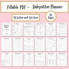 the printable babysitr planner is shown on a pink background