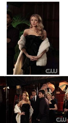 two pictures of the same woman in black dress with fur stoler and man in suit