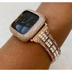 Bling Apple Watch Band. Fits the Apple Watch available for sizes 38,40,41, 42,44 and 45mm in series 1,2,3,4,5,6,7,8 or SE Men's and Women's. These are high on bling with huge Baguette Lab Diamonds in a stainless steel band with butterfly buckle closure. Your choice of colors in Silver, Rose Gold and Yellow Gold. For the ultimate in sparkle, add the 14k gold plated bezel also with pave set Swarovski Crystals. The bezel cover is 14k gold plated over a base metal. **Rose Gold is Sold Out. Newest Ex Candy Watch, Custom Apple Watch Bands, Mens Bling, Pink Watch, Ceramic Watch, Gold Apple