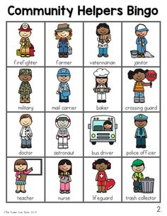 the community helpers bingo game is shown with different people and words in each card