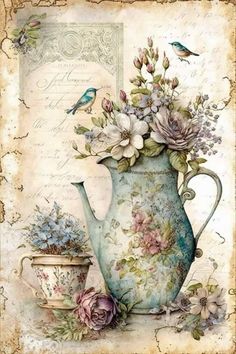 a tea pot with flowers and birds sitting on top of it next to a vase