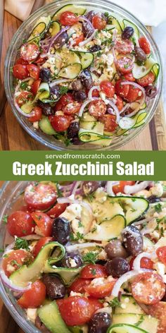 greek salad with cucumbers, tomatoes, onions and olives in a glass bowl