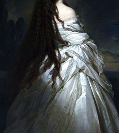 a painting of a woman in a white dress with long hair wearing a tiara