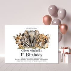 an elephant, giraffe and zebra birthday party card with balloons in the background