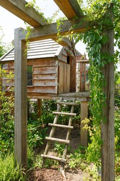 a wooden structure with a ladder to the top and a small house in the background