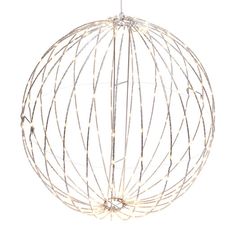 a ball shaped light fixture hanging from a wire rod with white lights on the top