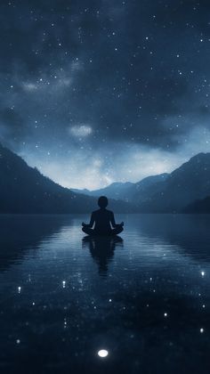 a person sitting in the middle of a body of water under a night sky filled with stars