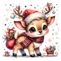 a cute little deer wearing a santa hat and scarf with presents on it's back