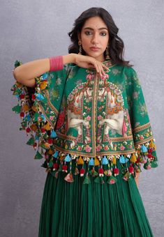 Torani-Green Panna Ashvamedha Baluchi Cape-INDIASPOPUP.COM Navratri Blouse, Leon Bakst, Estilo Hippie Chic, 2023 Dress, Indian Mythology, Navratri Dress, Estilo Hippie, Pakistani Dress, Indian Textiles